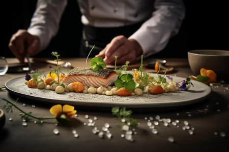 Chef decorating salmon fillet with edible flowers on wooden tableの素材