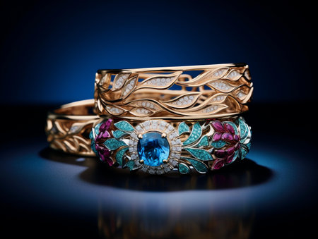 Jewelry ring with precious stones on a dark blue background.の素材