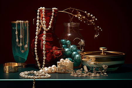 Vintage still life with jewelry and perfume bottles on a dark backgroundの素材