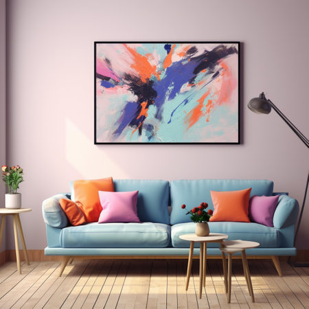 interior with blue sofa, coffee table and painting on wall. 3d renderingの素材