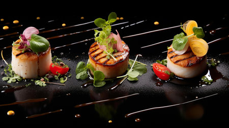 Grilled scallops with vegetables and sauce on a black backgroundの素材