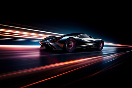 Sport car with motion blur on the road. 3d rendering.の素材