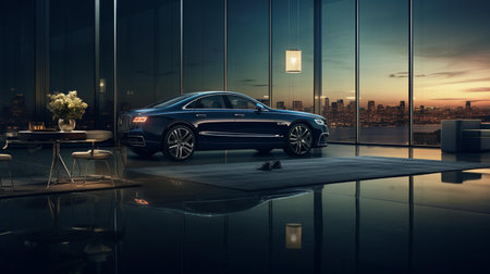 3D rendering of a luxury car in a glass room with reflectionsの素材