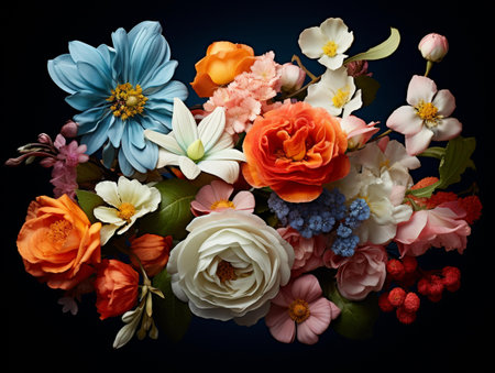 Bouquet of colorful flowers on black background. studio shotの素材