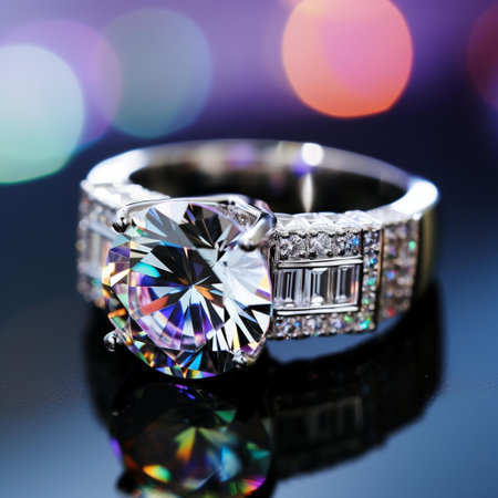 Jewelry ring with diamonds on colorful bokeh background.の素材