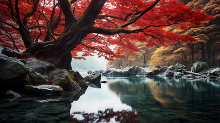 Beautiful autumn landscape with red leaves and mountain river,3d renderingの素材