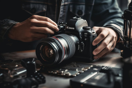 Professional photographer working on a camera in his studio. Selective focus.の素材