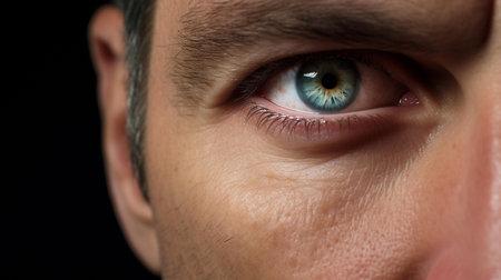 Close-up of a man's blue eye on a black backgroundの素材
