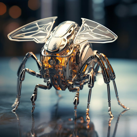 3d rendering of a robot on reflective surface with bokeh backgroundの素材