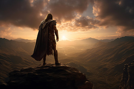 3d render of a medieval warrior on the top of a mountainの素材