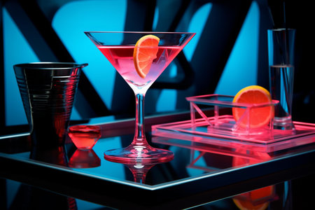 Cosmopolitan cocktail in martini glass with orange slice on blue backgroundの素材