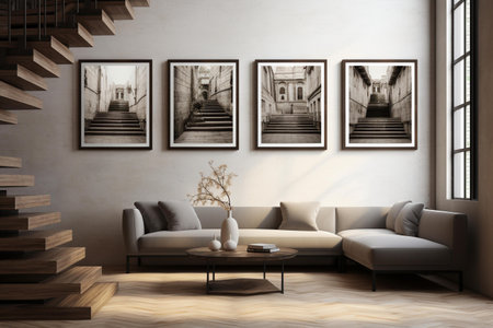 Interior of modern living room with wooden stairs and sofa 3D renderingの素材