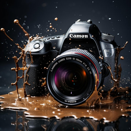 Professional camera with splashes and drops of water on a black backgroundの素材