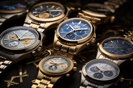 Luxury wrist watches on black background. Selective focus.の素材