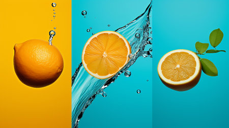 Fresh orange and lemon in water splashes on blue and orange backgroundの素材