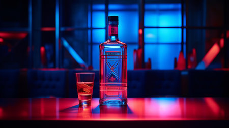 Bottle and glass of vodka on the bar counter in a nightclubの素材