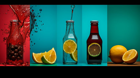 Bottles of cola with lemon, lime and chocolate on blue backgroundの素材