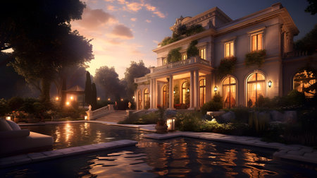 Luxury mansion at night in the garden.3d renderの素材