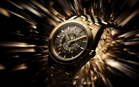 Wrist watch with gold dial on black background. 3D renderingの素材