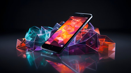 Smartphone with low poly design on the table. 3d renderingの素材
