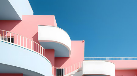 3d render of modern architecture, white and pink house on blue sky backgroundの素材