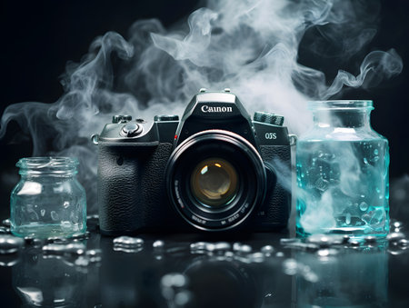 Vintage camera on a black background with smoke. Retro style.の素材