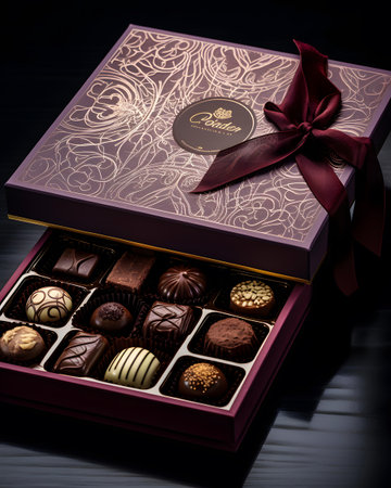 Box of assorted chocolates with a red bow on a dark backgroundの素材