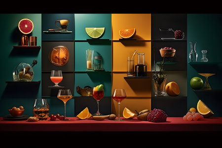 3d illustration of a bar counter with different alcoholic drinks and fruitsの素材