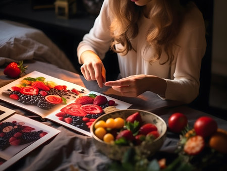 cropped view of young woman cutting fresh berries on table at homeの素材