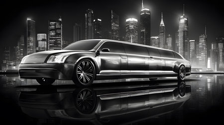 3D rendering of a luxury sedan in a reflective surfaceの素材