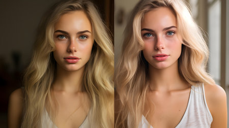 Before and after retouching. Portrait of beautiful young woman with long blond hair.の素材