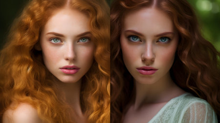 Before and after retouching. Portrait of young beautiful woman with red curly hair.の素材