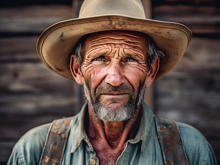 Portrait of an old man wearing a cowboy hat and looking at the camera.の素材