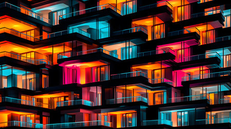 Modern apartment buildings in the night with neon lighting. 3d renderingの素材