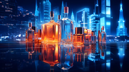 Bottles of brandy on the background of the night city.の素材