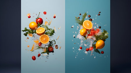 Falling fruits and vegetables on blue and gray background. 3d illustrationの素材