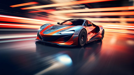 3D rendering of a brand-less generic concept car in motion.の素材