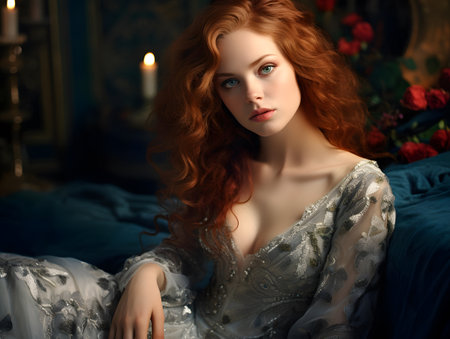 Portrait of a beautiful red-haired girl in a luxurious dress.の素材