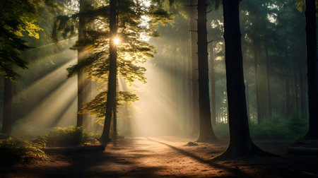 Foggy sunrise in a pine forest with rays of light passing throughの素材