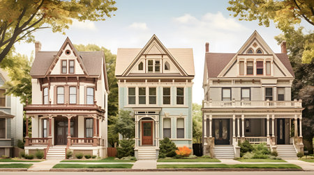 3d rendering of a row of houses in a suburban neighborhood.の素材