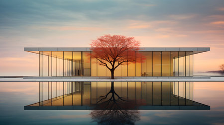 3D render of a modern building with a tree in the foregroundの素材