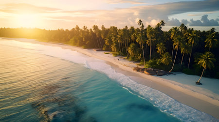 Aerial view of beautiful tropical beach with coconut palm tree at sunset timeの素材