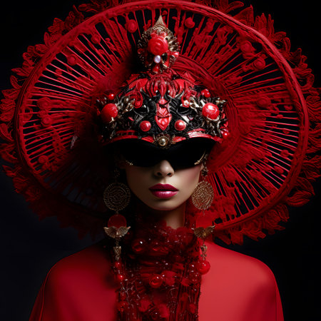 Fashion portrait of a beautiful woman with bright make-up in a red dress and a red hat.の素材