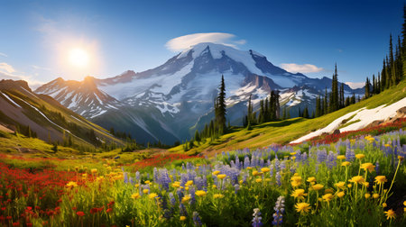 Beautiful alpine meadow with wildflowers and Mt. Rainierの素材