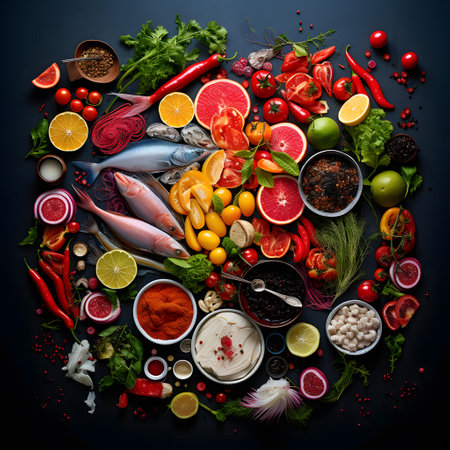 Healthy food background with fish, vegetables and spices. Top view.の素材
