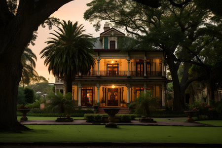 Luxury mansion in the middle of the park at sunset.の素材