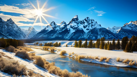Beautiful winter landscape with snow-capped mountains and river.の素材