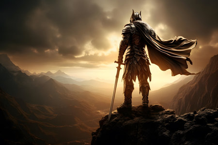 Medieval knight on the top of a mountain. 3d renderingの素材