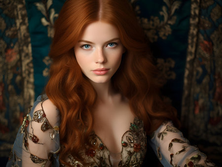 Portrait of a beautiful red-haired girl in medieval dress.の素材