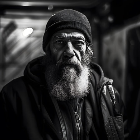 Portrait of a homeless man with a long beard and mustache. Black and white.の素材